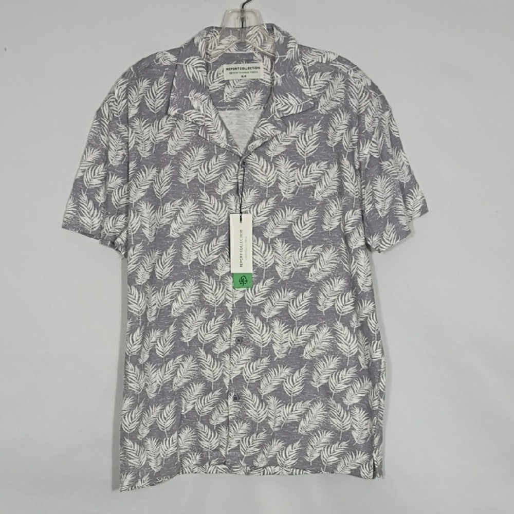 NWT Report Collection Stone Short Sleeve Leaf Print Knit Camp Shirt Men Sz Small
